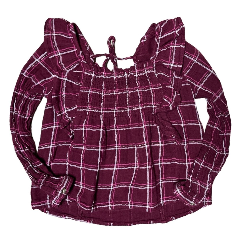 Justice Girls Size 6 Burgundy/Pink Plaid Smocked Longsleeve Shirred Ruffle Shirt